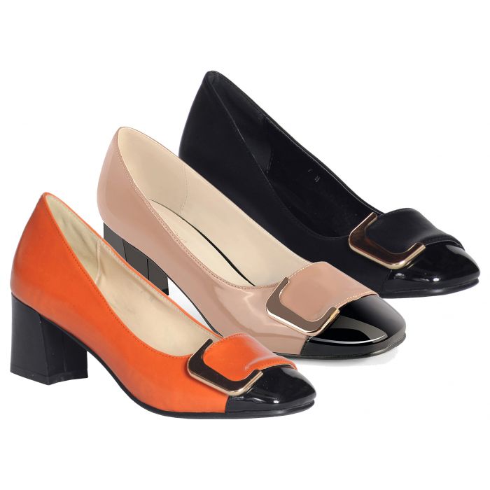 Square Toe Pumps Chunky Heel Two Tone Colors Slip On Female Adult
