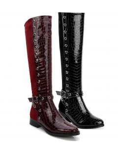 Low Heel Croc Print Front 2-Tone Perforated Trim Tall Boots