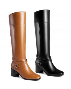 Block Heel Square Toe Crisscross Buckle Straps Riding Boots