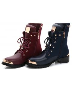 Goldtone Plated Treaded Outsole Mid Calf Lace Up Combat Booties